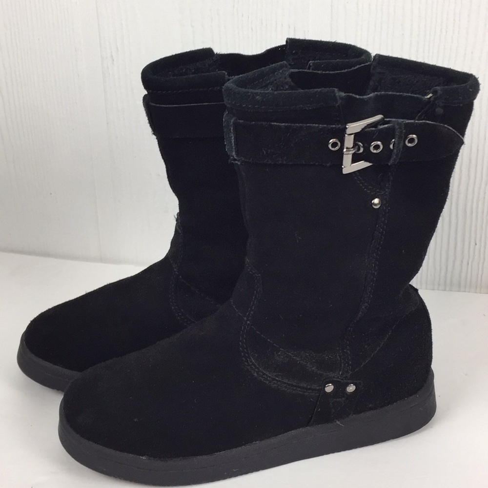 𝅺MARC Fisher Black Suede Leather Lined Boots Mid Calf Pull On Flat Heel 5.5